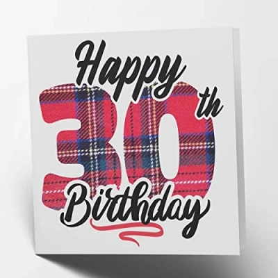 Image of Maturi Happy 30th Birthday Tartan Greetings Card Blank Inside, 15.5 x cm Square