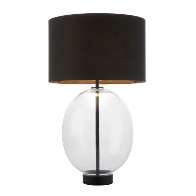 Image of Kelda Oval Table Lamp With Round Shade Clear Glass, Matt Black Paint Cotton Fabric, 1x E27