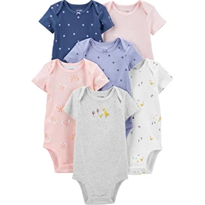 Image of Simple Joys by Carter&#039;s Baby Girl&#039;s 6 Pack Short Sleeve Bodysuit Shirt, Multicolour/Butterflies/Dots/Ducks/Stripes, Premature