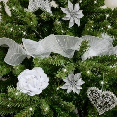 Image of Melody Maison Silver Sparkle Ruffle Christmas Tree Ribbon 270cm