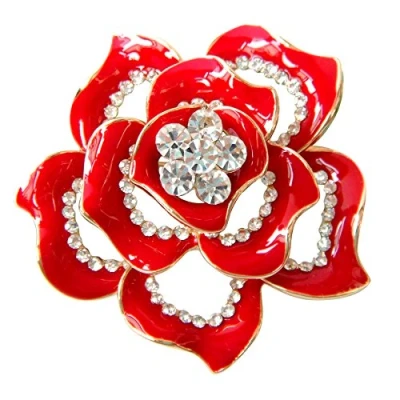 Image of Navachi 18k Gold Plated White Crystal Red Enamel Flower Az7445b Brooch Pins
