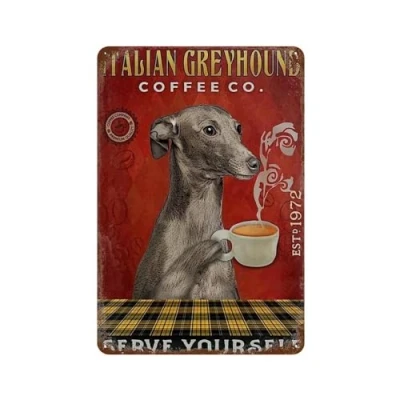 Image of Coffee Company Italian Greyhound Sign Metal Retro Vintage Tin Poster Wall Art Decor 8x12 Inches