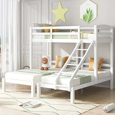 Image of Azkoeesy 3FT Bunk Bed Triple Sleeper with Side Ladder for Children and Teens 3FT, White (90x190cm,90x200cm) (White)