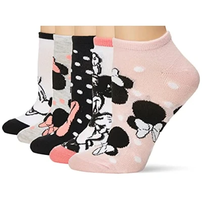 Image of Disney Women&#039;s Minnie Mouse 5 Pack No Show Casual, Pink Black Multi, Sock 8 10 Fits Shoe Size 2 8.5 UK