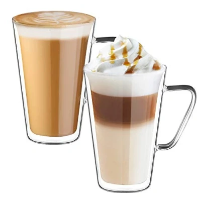 Image of ecooe 2x450ml Double Walled Coffee Glasses Mugs Cappuccino Latte Macchiato Cups with Handle Borosilicate Heat Resistant Glass for Tea Milk Juice Ice Cream
