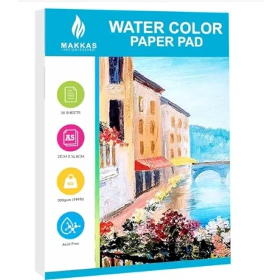 Image of Makkas Watercolour Paper Pad A5 30 Sheets 140lb / 300gsm Cotton Blend Student Grade Includes Only Cold Pressed &amp; Acid Free Sketchbook