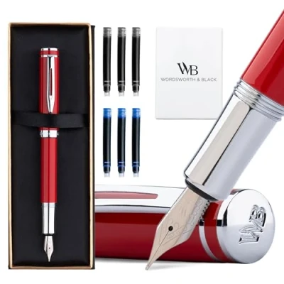 Image of Wordsworth and Black Fountain Pen Mini EDC: Luxury Red Heavy Pocket Pen, Chrome Finish, Medium Nib, 6 Ink Cartridges, Converter, Travel Refillable Writing Gift Set, Men &amp; Women