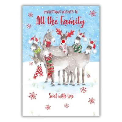 Image of All the Family Christmas Card Festive Donkeys in Snow Artistic Design Special Finish and Illustrated Insert Leaf Made UK Eco Friendly