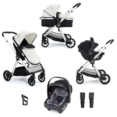Image of Babymore Mimi Travel System Coco i Size Car Seat Silver 3 in 1 Pram Pushchair, Easy Folding &amp; Convertible Carrycot to Pushchair Seat, Universal Adaptors, Foot Muff, Rain Cover Cup Holder