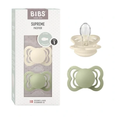 Image of BIBS Supreme Soother 2 Pack, BPA Free Dummy Pacifier, Symmetrical Nipple. Silicone, Size 1 (0 6 Months), Ivory/Sage