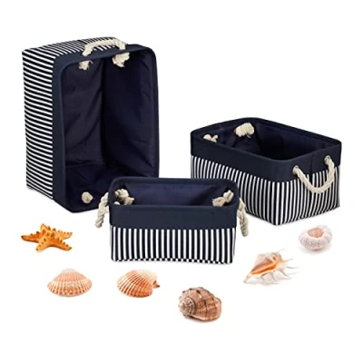 Image of Relaxdays Storage Basket Set of 3, Shelf Bins in 3 Sizes, Striped, Maritime Pattern, Fabric, Blue, Polyester, 22 x 40 30 cm