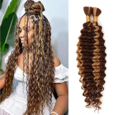 Image of Boho Braids Human Hair Extensions 100g 2 Bundles No Weft Braiding For Knotless Wet and Wavy Deep Wave Bulk Women (P4/27#, 20 Inch(50g/Bundle x2))