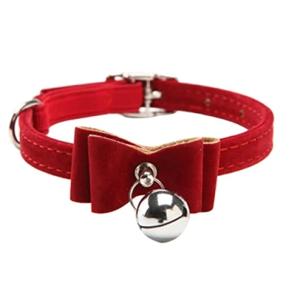 Image of Pet Collar With Bow Knot Bell Cat Kitten Adjustable Velvet Tie Safety Elastic Bowtie Red Collar,Bow Dog Collar,Velvet