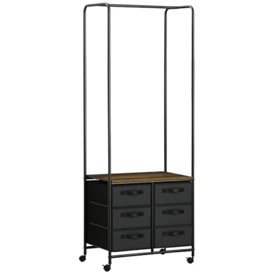 Image of HOMCOM Industrial Hanging Clothes Rail, Rack with 6 Fabric Drawers, Open Wardrobe Organiser for Hallway, Bedroom and Closet, Rustic Brown