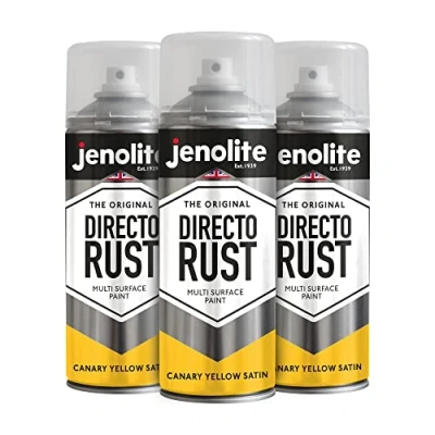 Image of JENOLITE Directorust Spray Paint Satin Finish CANARY YELLOW 3 x 400ml Direct To Rust for Metal All In One Multi Surface Metal, Wood, Plastic, Ceramic RAL 1018
