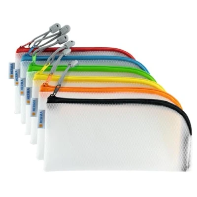 Image of HERMA 20001 Zip Cosmetic Bag, Pack of 10, transparent (23 x 11 cm) small zippered travel pouch for mobile phone, charging cable, cosmetics, pens, keys, clear toiletry bag with zipper, assorted colours