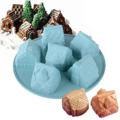 Image of LHLXZQ Christmas Silicone Mold,6 Cavity House Shape Cake Bread Mold, Mold for Baking,Chocolate Non Stick Tray Chocolate Candy Jelly Ice Cube Soap Baking Random Color*3