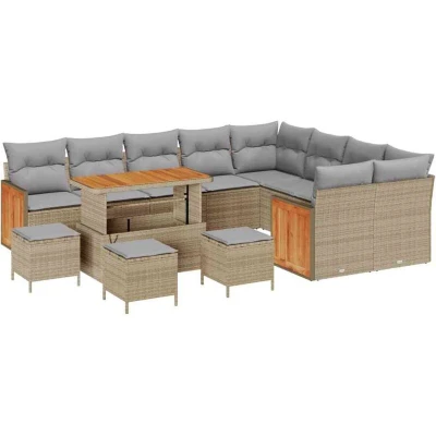 Image of vidaXL 13 Piece Garden Sofa Set with Cushions Beige Poly Rattan Acacia