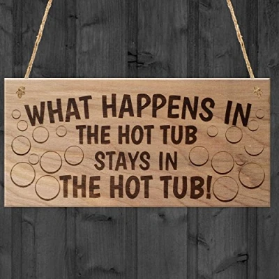 Image of Red Ocean What Happens In The Hot Tub Stays Funny Wooden Plaque Hanging Sign Gift