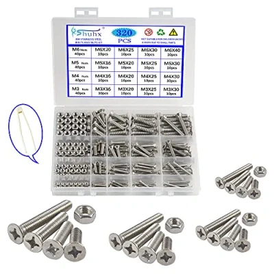 Image of Rshuhx M3 M4 M5 M6 Cross Countersunk 304 Stainless Steel Machine Screws Bolts and Nuts Flat Head Phillips Screw Fastener Repair Tools Assortment Kit 320PCS for Baby Crib Headboards Chairs Furniture
