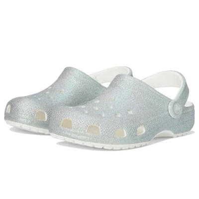 Image of Crocs Classic Iridescent Glitter Mules for kids, Size: 4, White Synthetics