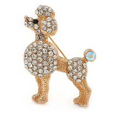 Image of Avalaya Small Clear Crystal Poodle Brooch in Gold Tone Metal 38mm