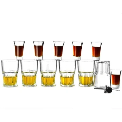 Image of drinkstuff Bomb Shot Glassware Set Glasses for Serving Jagerbombs, Monster Bombs &amp; more includes 6x Glasses, Tumblers 1x Pourer