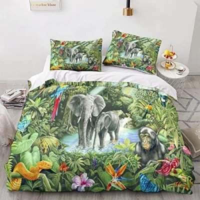 Image of LENTLY Tropical Rainforest Bedding Set Duvet Cover Soft Microfiber Quilt with 3D Print Design for Kids Teenagers Adult 3 Piece Zipper Closure Double（200x200cm）