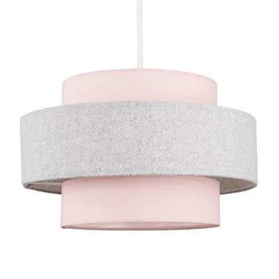 Image of Modern Cylinder Ceiling Pendant Light Shade in a Pink &amp; Grey Herringbone Finish Complete with 10w LED GLS Bulb [3000K Warm White]