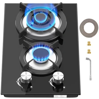 Image of Gas Hob 2 burners, Built in Black Glass with Flame Out Protection,Gas Cast Iron Supports,NG/LPG Convertible.