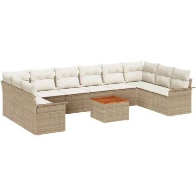 Image of vidaXL 11 Piece Garden Sofa Set with Cushions Beige Poly Rattan Acacia