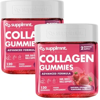 Image of Marine Collagen Gummies, Hydrolysed Peptides w/Biotin, Hyaluronic Acid &amp; Vitamin C, Supplements for Women Men, Skin, Hair Nails (Dual Pack, Strawberry Strawberry)