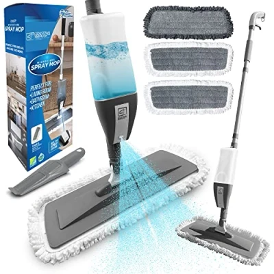 Image of Microfibre Floor Spray Mop Dry Wet Kitchen Cleaning 360 Swivel Head Suitable for Tile Laminate Hardwood Ceramic with 3 Replacement Pads, 600ML Refillable Bottle &amp; 1 Scraper
