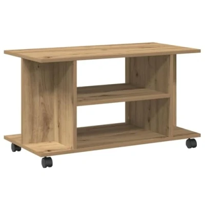 Image of vidaXL tv cabinet with castors artisan oak engineered wood stand shelves and lockable wheels for living room/bedroom modern media unit 80x40x45 cm