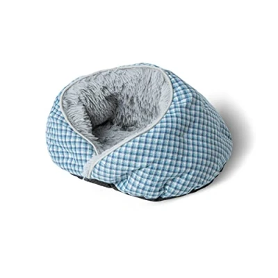 Image of Mikki Dog, Cat, Puppy, Kitten, Ultra Soft Faux Fur Lined Domed Calm House Bed, with Head &amp; Neck Support Small blue/grey