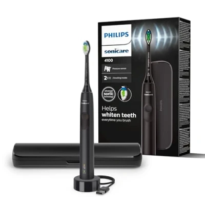 Image of Philips Sonicare 4100 Electric Toothbrush for Adults with 1 x W2 Optimal White Sonic Brush Head in Black, Slim Travel Case and USB Charger (Model HX3683/54)