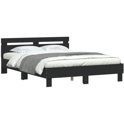 Image of vidaXL Bed Frame with Headboard &amp; LED Lights Modern Black Engineered Wood Suitable for 140x200 cm Mattress Double Bedroom Furniture USB Connector Dimensions: 203x145x70