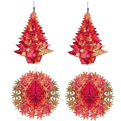 Image of Christmas Foil Ceiling Decorations Set 4 30cm Tree and Ball Set. 2 Balls (Red/Gold)
