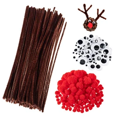 Image of Whaline 350 Pcs Christmas Pipe Cleaners Set including 100 Brown Craft Chenille Stems, Multi Sized Wiggle Googly Eyes and 150 Pompoms for Party DIY Art Supplies