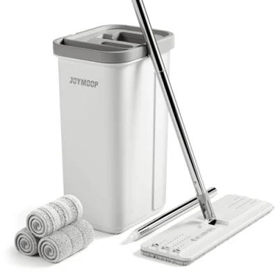 Image of JOYMOOP Mop and Bucket with Wringer Set, Hands Free Flat Floor Bucket, 60&quot; 3 Reusable Microfiber Pads, Wet Dry Use, Cleaning System