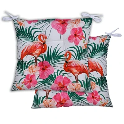 Image of Streetwize Pack of 2 Flamingo Printed Outdoor Garden Furniture Cushions, Chair Cushions Fasten Straps Water Resistant Breathable (SWGSL258)