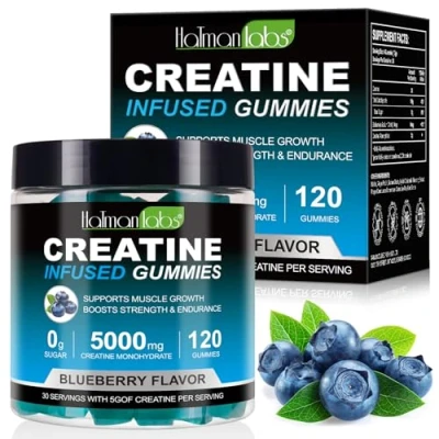 Image of Creatine Gummies Max 5000mg Monohydrate for Men and Women, 120 Chewable Vegan Gummies, Blueberry Flavour 2 Months Supply, Suger Free