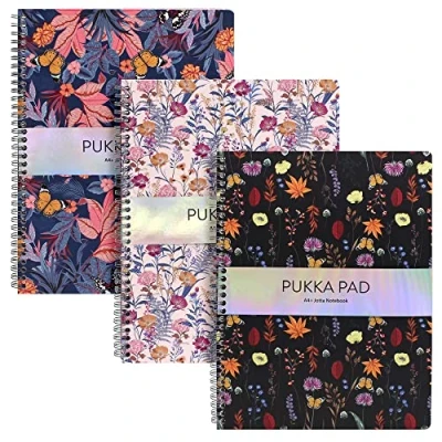 Image of Pukka Pad, Bloom A4+ Jotta Notebooks Pack of 3 Wirebound in Assorted Blue, Black, and Cream Floral Designs 160 Pages 80GSM Lined Paper