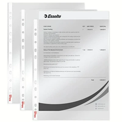 Image of Esselte Plastic Punched Pocket A4, Clear Gloss Finish, Top Open, 43 Micron Polypropylene, Pack of 100, 13089