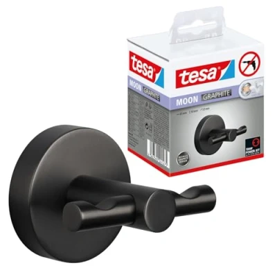 Image of tesa Moon Dressing Gown Hook in Brushed Graphite self Adhesive Towel Made of PVD Coated Metal Drill Free, incl. Solution 50 mm x 65 53