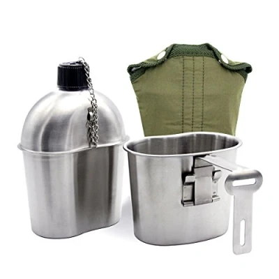 Image of Latinaric 1QT Portable Water Bottle Stainless Steel Military Canteen with 0.5QT Cup Green Bag Outdoor Sport Camping Hiking Travel