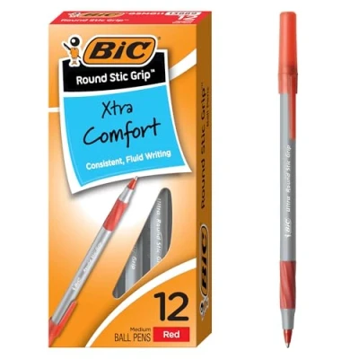 Image of BIC Round Stic Grip Xtra Comfort Ballpoint Pen, Medium Point (1.2mm), Red, 12 Count