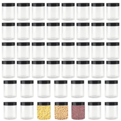 Image of YUENPUN 46 PCS Clear Plastic Round Jars with Black Lids, 250ml Small Storage Jars, Empty 8oz Lids for Jam, Sweets, Spices, Crafts