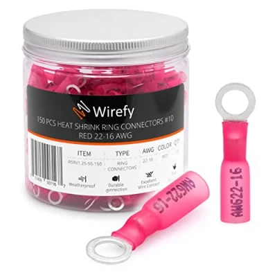Image of Wirefy Heat Shrink Ring Terminals #10 Marine Grade Terminal Connectors Waterproof Eyelet Wire Red 22 16 AWG 150 PCS