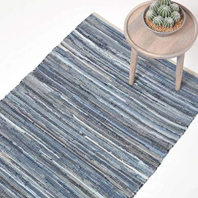Image of HOMESCAPES 100% Recycled Blue Denim Chindi Rug Handmade Eco Friendly Real Striped Rug, 70 x 120 cm